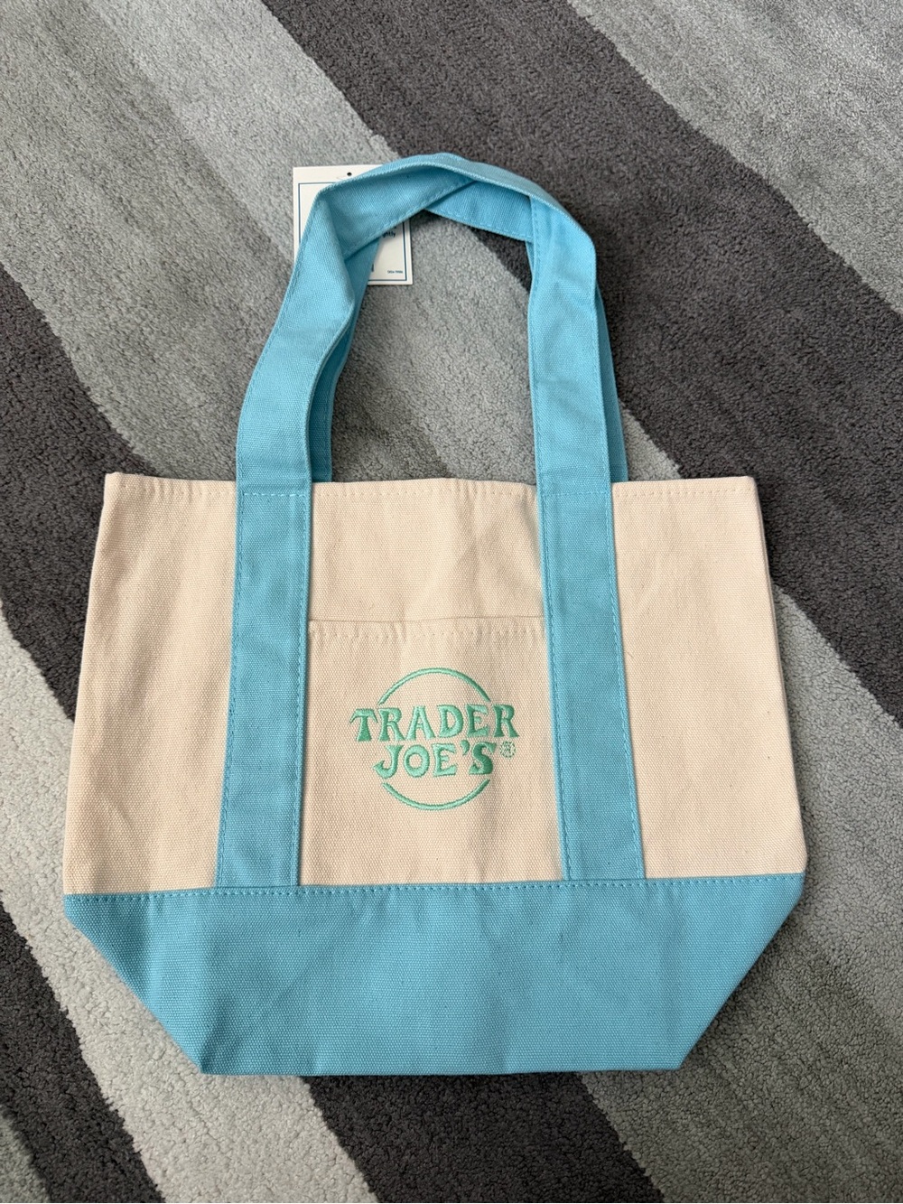 Trader Joe's Cream Canvas mini Tote with Blue Trim